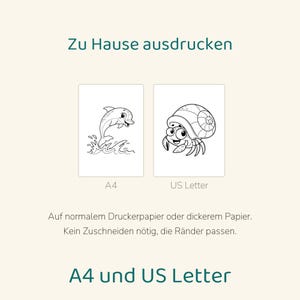 May include: Two printable coloring pages featuring a dolphin and a hermit crab. The text reads Zu Hause ausdrucken, A4, US Letter, Auf normalem Druckerpapier oder dickerem Papier. Kein Zuschneiden n&ouml;tig, die R&auml;nder passen, and A4 und US Letter.