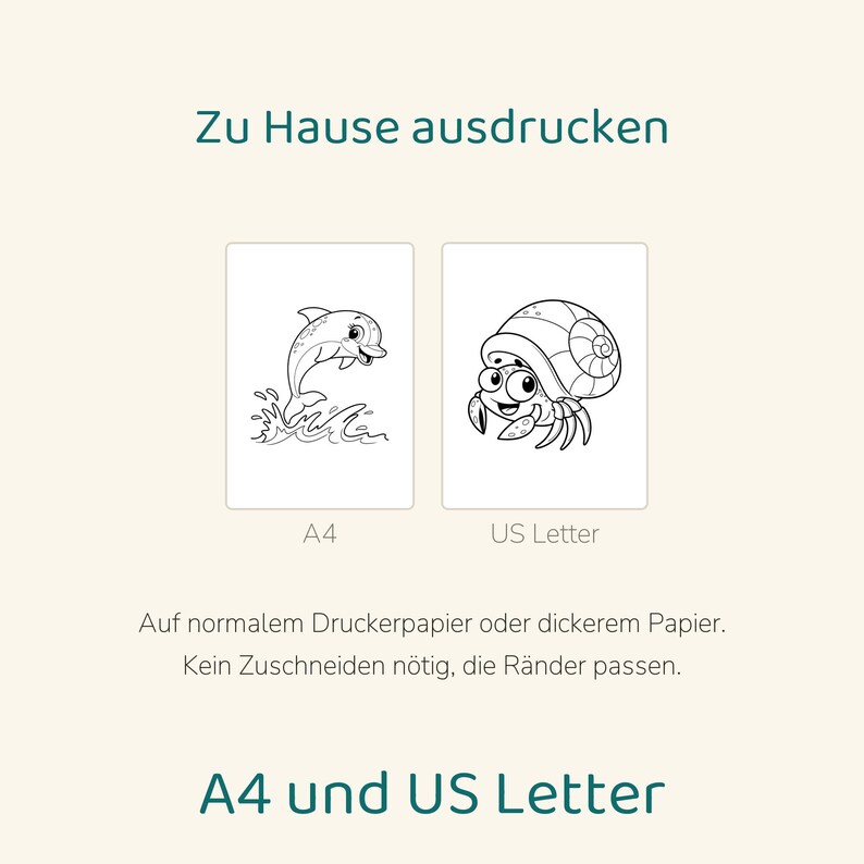 May include: Two printable coloring pages featuring a dolphin and a hermit crab. The text reads Zu Hause ausdrucken, A4, US Letter, Auf normalem Druckerpapier oder dickerem Papier. Kein Zuschneiden n&ouml;tig, die R&auml;nder passen, and A4 und US Letter.