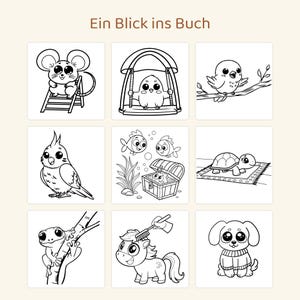 Puede incluir: Una p&aacute;gina de libro para colorear titulada Ein Blick ins Buch con nueve ilustraciones en blanco y negro de animales, incluyendo un rat&oacute;n en una escalera, un p&aacute;jaro en un columpio, un p&aacute;jaro en una rama, una cacat&uacute;a, peces con un cofre del tesoro, una tortuga, una rana, un poni siendo cepillado y un perro.