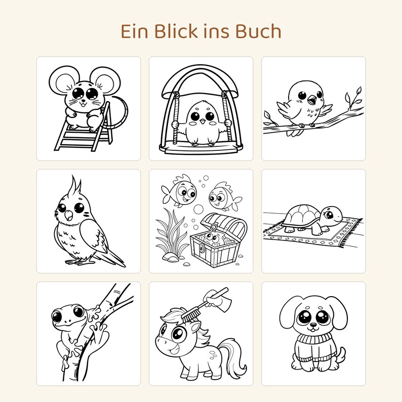 Puede incluir: Una p&aacute;gina de libro para colorear titulada Ein Blick ins Buch con nueve ilustraciones en blanco y negro de animales, incluyendo un rat&oacute;n en una escalera, un p&aacute;jaro en un columpio, un p&aacute;jaro en una rama, una cacat&uacute;a, peces con un cofre del tesoro, una tortuga, una rana, un poni siendo cepillado y un perro.