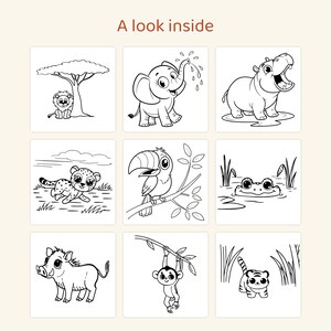 May include: A coloring page titled A look inside featuring nine black and white line art illustrations of animals including a lion, elephant, hippo, leopard, toucan, frog, warthog, monkey, and tiger in various natural habitats.