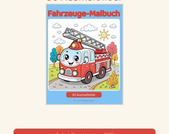 May include: A coloring book titled 50 Ausmalbilder Fahrzeuge-Malbuch featuring a cartoon fire truck with a ladder on its roof. The cover displays a red and white fire engine on a road with trees, clouds, and a sun in the background.