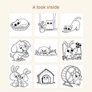 May include: A coloring page titled A look inside featuring nine black and white line art illustrations of animals including cats, dogs, rabbits, and a hamster in a wheel. Each square depicts a different scene with cute characters in a simple style.