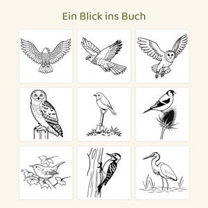 May include: A grid of nine black and white line art illustrations of various birds, including owls, a hawk, a woodpecker, and a heron. The text "Ein Blick ins Buch" is centred at the top of the page above the bird drawings.