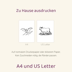 Puede incluir: Dos hojas imprimibles etiquetadas como A4 y US Letter. La hoja A4 presenta un dibujo lineal de un drag&oacute;n, mientras que la hoja US Letter muestra un dibujo lineal de un toro. El texto incluye: Zu Hause ausdrucken, A4, US Letter, Auf normalem Druckerpapier oder dickerem Papier. Kein Zuschneiden n&ouml;tig, die R&auml;nder passen. A4 und US Letter.