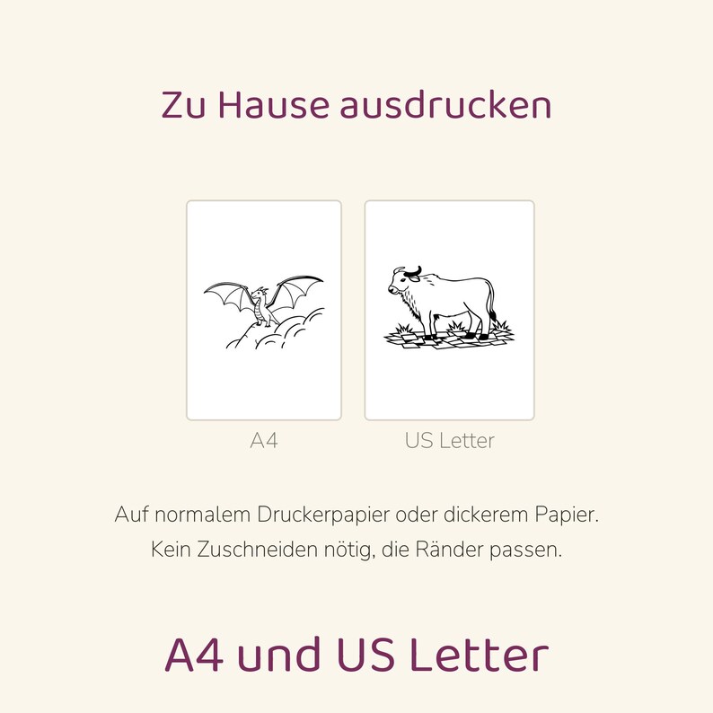 Puede incluir: Dos hojas imprimibles etiquetadas como A4 y US Letter. La hoja A4 presenta un dibujo lineal de un drag&oacute;n, mientras que la hoja US Letter muestra un dibujo lineal de un toro. El texto incluye: Zu Hause ausdrucken, A4, US Letter, Auf normalem Druckerpapier oder dickerem Papier. Kein Zuschneiden n&ouml;tig, die R&auml;nder passen. A4 und US Letter.