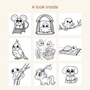 May include: A coloring page titled A look inside featuring nine black and white line art illustrations of animals including a mouse on a ladder, a bird on a swing, a bird on a branch, a cockatiel, fish with a treasure chest, a turtle, a frog, a pony, and a dog.