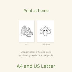 May include: Two printable coloring pages labeled A4 and US Letter. One page features a cartoon cow in front of a barn, and the other shows a cartoon turkey. Text includes Print at home, On plain paper or heavier stock. No trimming needed, the margins fit. A4 and US Letter.