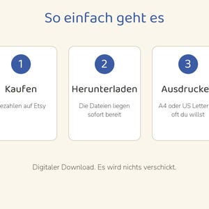 Op de afbeelding: Een instructieve afbeelding getiteld So einfach geht es met drie stappen: 1 Kaufen Bezahlen auf Etsy, 2 Herunterladen Die Dateien liegen sofort bereit, en 3 Ausdr&uuml;cken A4 oder US Letter, so oft du willst. Bevat Digitaler Download. Es wird nichts verschickt.
