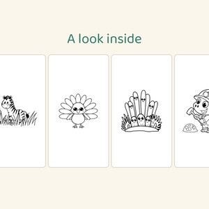 Puede incluir: Cuatro paneles rectangulares con el texto A look inside en la parte superior. Los paneles presentan ilustraciones de l&iacute;neas en blanco y negro de una cebra en la hierba, un pavo, un grupo de peque&ntilde;as criaturas sonrientes y un dinosaurio.