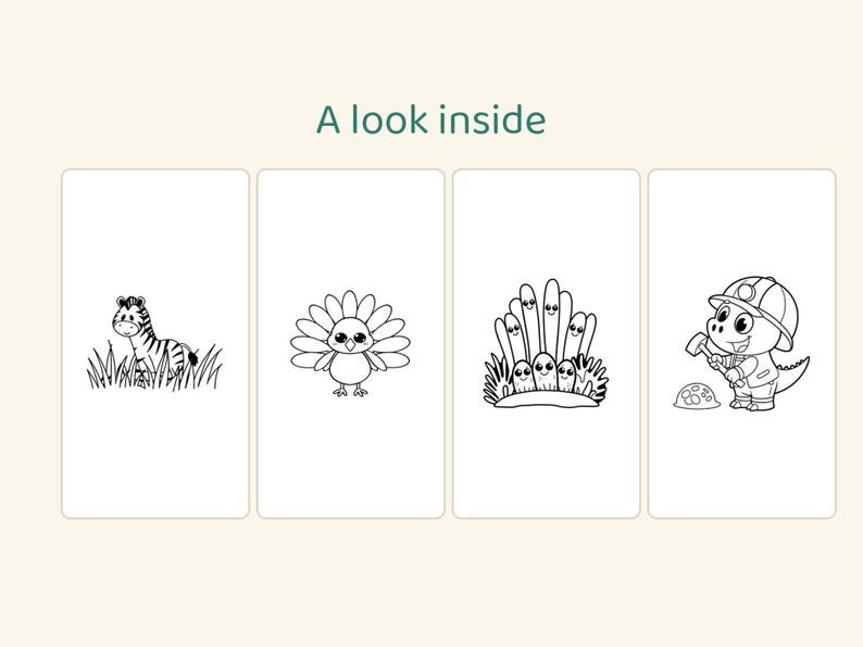 Puede incluir: Cuatro paneles rectangulares con el texto A look inside en la parte superior. Los paneles presentan ilustraciones de l&iacute;neas en blanco y negro de una cebra en la hierba, un pavo, un grupo de peque&ntilde;as criaturas sonrientes y un dinosaurio.