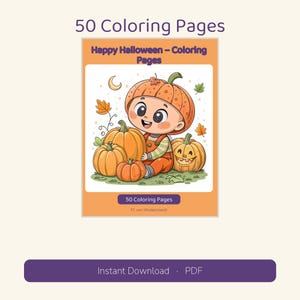 May include: A digital coloring book cover titled 50 Coloring Pages and Happy Halloween - Coloring Pages. The illustration features a child wearing a pumpkin hat surrounded by pumpkins, leaves, and a crescent moon. M. von Wedelstaedt is credited.