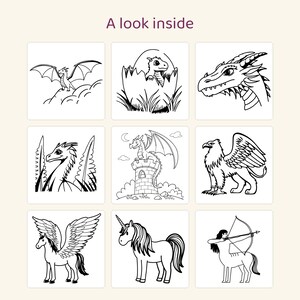 May include: A colouring book page titled A look inside featuring nine black and white line art illustrations of mythical creatures including dragons, a griffin, a pegasus, a unicorn, and a centaur archer, arranged in a three-by-three grid.