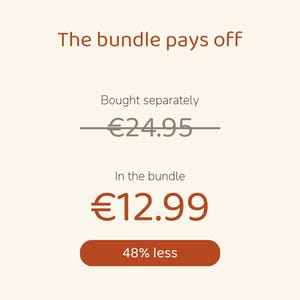 May include: A graphic display with the text The bundle pays off. It shows a crossed-out price of 24.95 euros labeled Bought separately, a price of 12.99 euros labeled In the bundle, and a button with the text 48% less.