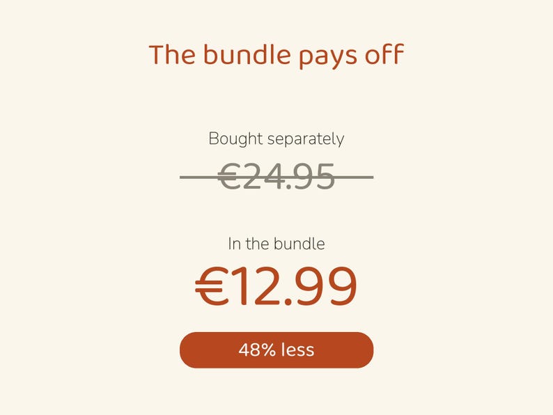 May include: A graphic display with the text The bundle pays off. It shows a crossed-out price of 24.95 euros labeled Bought separately, a price of 12.99 euros labeled In the bundle, and a button with the text 48% less.