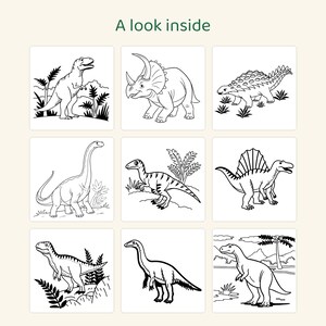 Puede incluir: Una p&aacute;gina de libro para colorear titulada A look inside que presenta nueve ilustraciones distintas en blanco y negro de varios dinosaurios, incluidos un T-Rex, Triceratops, Ankylosaurus y Brachiosaurus en entornos naturales.