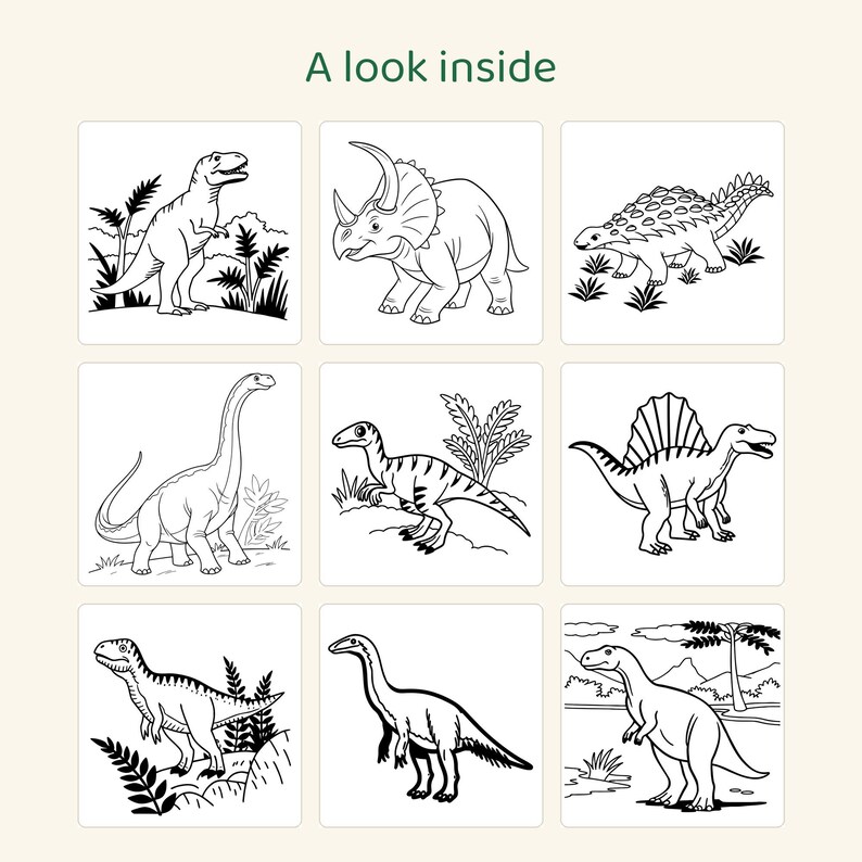 Puede incluir: Una p&aacute;gina de libro para colorear titulada A look inside que presenta nueve ilustraciones distintas en blanco y negro de varios dinosaurios, incluidos un T-Rex, Triceratops, Ankylosaurus y Brachiosaurus en entornos naturales.
