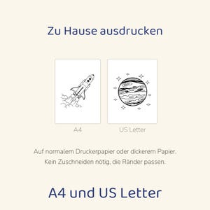 May include: Two printable digital documents labeled A4 and US Letter. The A4 document features a line drawing of a rocket ship, and the US Letter document shows a planet with stars. Text reads: Zu Hause ausdrucken, A4, US Letter, Auf normalem Druckerpapier oder dickerem Papier. Kein Zuschneiden n&ouml;tig, die R&auml;nder passen. A4 und US Letter.