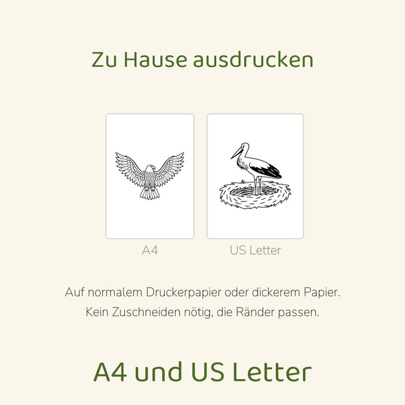 May include: A digital print file featuring two rectangular pages labelled A4 and US Letter. The A4 page displays a line drawing of an eagle with wings spread. The US Letter page shows a stork standing in a nest. Text includes Zu Hause ausdrucken, A4, US Letter, Auf normalem Druckerpapier oder dickerem Papier. Kein Zuschneiden n&ouml;tig, die R&auml;nder passen. A4 und US Letter.