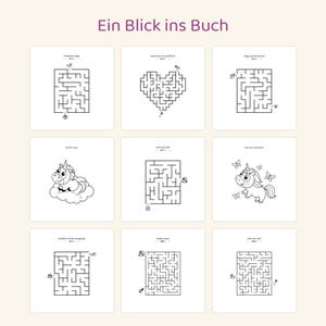 May include: A grid of nine activity pages featuring black and white line art. The pages include various mazes, a unicorn sitting on a cloud, and a unicorn surrounded by butterflies. The text at the top reads Ein Blick ins Buch.