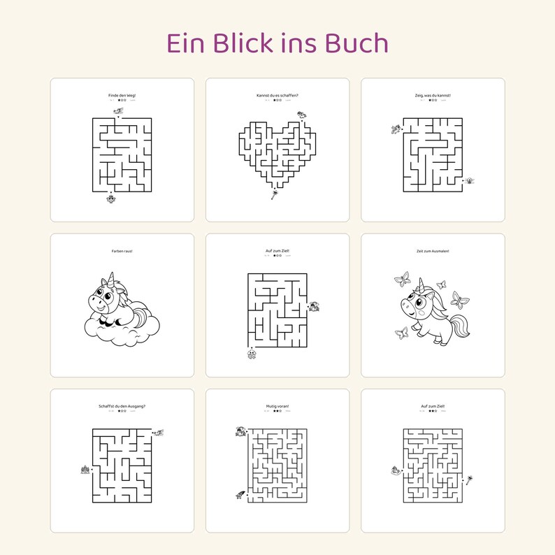May include: A grid of nine activity pages featuring black and white line art. The pages include various mazes, a unicorn sitting on a cloud, and a unicorn surrounded by butterflies. The text at the top reads Ein Blick ins Buch.