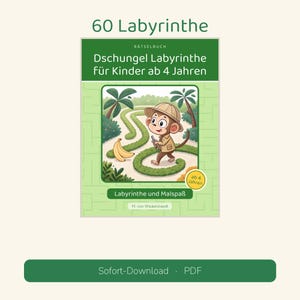Puede incluir: Un libro de acertijos titulado 60 Labyrinthe, Dschungel Labyrinthe Für Kinder ab 4 Jahren, Labyrinthe und Malspaß, M. von Wedelstaedt. La portada muestra un mono de dibujos animados con sombrero de safari en un laberinto.