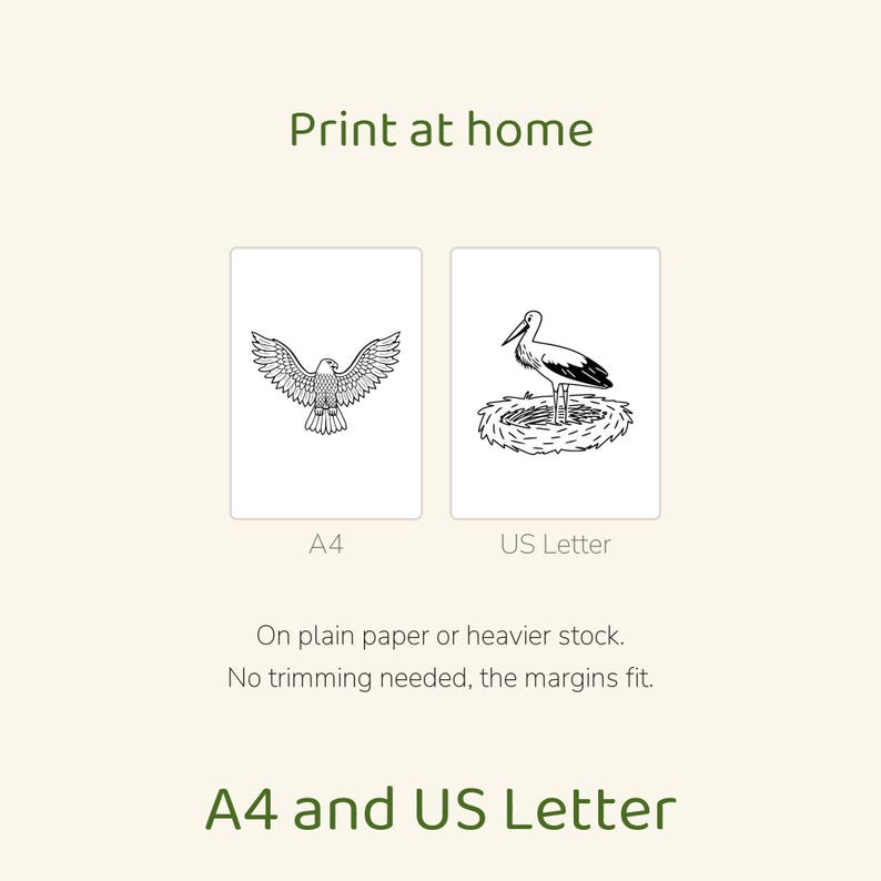 May include: Print at home digital file featuring an eagle illustration labeled A4 and a stork in a nest illustration labeled US Letter. Text includes Print at home, A4, US Letter, On plain paper or heavier stock. No trimming needed, the margins fit.