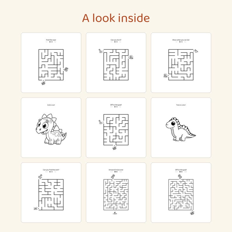 May include: A collection of nine square activity pages titled A look inside, featuring black and white line art mazes and dinosaur illustrations. Each page includes text prompts like Find the way, Can you do it, and Off to the goal, designed for colouring and puzzle solving.