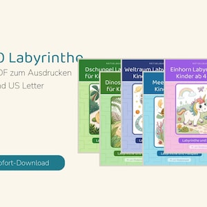 May include: A collection of four digital activity books featuring mazes and coloring pages with themes including jungle, dinosaurs, space, and unicorns. The covers display the text 300 Labyrinthe, Dschungel, Dinosaurier, Weltraum, Meer, and Einhorn Labyrinthe f&uuml;r Kinder ab 4 Jahren.