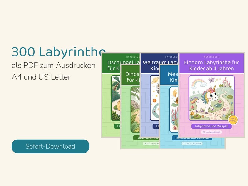 May include: A collection of four digital activity books featuring mazes and coloring pages with themes including jungle, dinosaurs, space, and unicorns. The covers display the text 300 Labyrinthe, Dschungel, Dinosaurier, Weltraum, Meer, and Einhorn Labyrinthe f&uuml;r Kinder ab 4 Jahren.