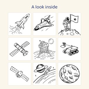 May include: A grid of nine black and white line art illustrations featuring space themes with the text A look inside at the top. The images include a rocket launching, a space shuttle, an astronaut with a flag, a satellite, a lunar lander, a rover, a space station, a planet with rings, and a cratered moon.