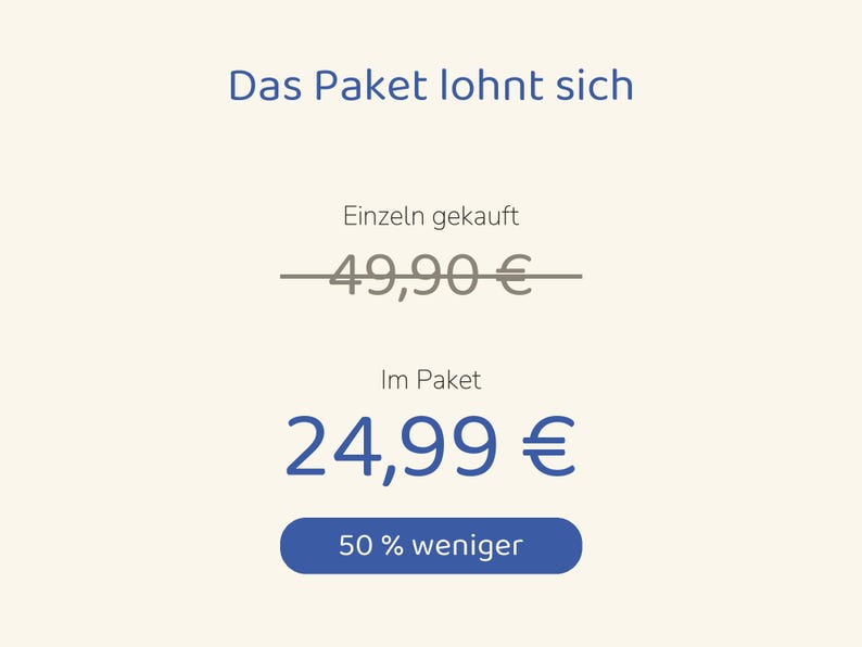 Op de afbeelding: Een grafische weergave met de blauwe tekst Das Paket lohnt sich. Daaronder staat de tekst Einzeln gekauft boven een doorgestreepte 49,90 &euro;. Verder naar beneden staat Im Paket boven 24,99 &euro; in het blauw, gevolgd door een blauwe knop 50 % weniger.