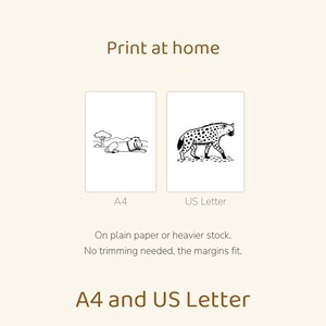 May include: Two white rectangular sheets of paper featuring black line art illustrations. The left sheet shows a lion in a landscape, labeled A4. The right sheet shows a spotted hyena, labeled US Letter. Text reads Print at home, A4 and US Letter.