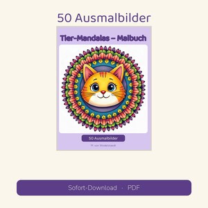 May include: A coloring book titled 50 Ausmalbilder Tier-Mandalas - Malbuch featuring a central illustration of a cartoon cat face surrounded by a colorful, intricate circular mandala pattern with purple, pink, green, and yellow hues.