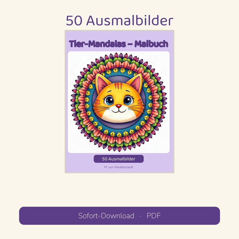 May include: A coloring book titled 50 Ausmalbilder Tier-Mandalas - Malbuch featuring a central illustration of a cartoon cat face surrounded by a colorful, intricate circular mandala pattern with purple, pink, green, and yellow hues.