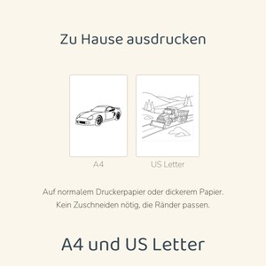 May include: Two printable coloring pages featuring black and white line art. One page shows a sports car, the other a dump truck in a landscape. Text includes Zu Hause ausdrucken, A4, US Letter, Auf normalem Druckerpapier oder dickerem Papier. Kein Zuschneiden n&ouml;tig, die R&auml;nder passen. A4 und US Letter.
