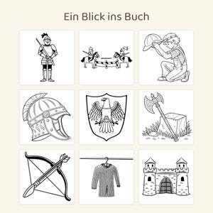 May include: A grid of nine black and white line art illustrations titled Ein Blick ins Buch, featuring a knight, jousting horses, a child with a helmet, a helmet, an eagle shield, a battle axe, a bow and arrow, chainmail, and a castle.