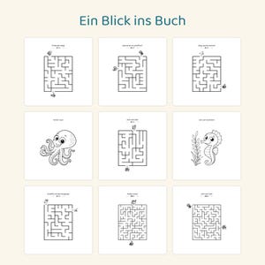 May include: A collection of activity pages titled Ein Blick ins Buch, featuring black and white line art. The grid includes seven maze puzzles with small character illustrations and two coloring pages depicting an octopus and a seahorse.