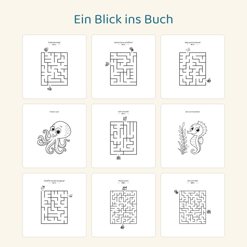 May include: A collection of activity pages titled Ein Blick ins Buch, featuring black and white line art. The grid includes seven maze puzzles with small character illustrations and two coloring pages depicting an octopus and a seahorse.