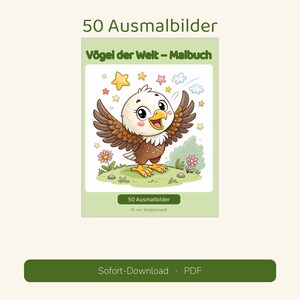 May include: A colouring book titled 50 Ausmalbilder V&ouml;gel der Welt - Malbuch featuring a cartoon eagle with brown wings, a white head, and yellow beak standing on green grass with flowers, stars, and clouds in the background.
