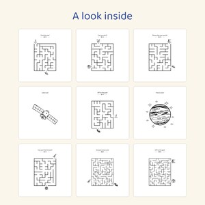 May include: A collection of nine square activity cards featuring space-themed mazes and illustrations. The text includes "A look inside," "Find the way!," "Can you do it!," "Show what you can do," "Safely out!," "Off to the goal," "Time to color!," "Can you find the exit?," "Onward, brave one!," and "Off to the goal!."