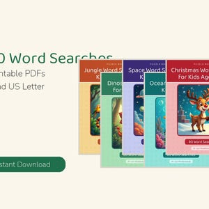 Puede incluir: Una colecci&oacute;n de cinco libros de acertijos digitales con 400 sopas de letras como archivos PDF imprimibles en A4 y US Letter. Las portadas muestran temas de selva, dinosaurios, espacio, oc&eacute;ano y Navidad con un reno ilustrado.