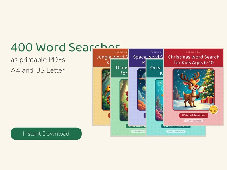 Puede incluir: Una colecci&oacute;n de cinco libros de acertijos digitales con 400 sopas de letras como archivos PDF imprimibles en A4 y US Letter. Las portadas muestran temas de selva, dinosaurios, espacio, oc&eacute;ano y Navidad con un reno ilustrado.