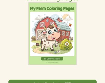May include: A digital coloring book cover titled 50 Coloring Pages and My Farm Coloring Pages. The illustration features a cartoon cow standing in front of a red barn, a green bush with white flowers, and a path on a light green background.