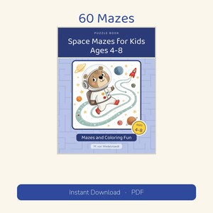 Puede incluir: Un libro de acertijos titulado 60 Mazes Space Mazes for Kids Ages 4-8. La portada muestra un oso con traje espacial flotando cerca de un cohete y planetas. Incluye el texto Mazes and Coloring Fun y M. von Wedelstaedt.
