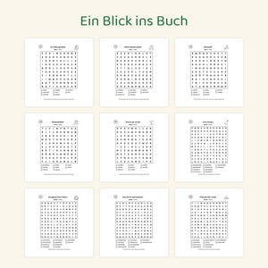 May include: A collection of nine word search puzzles arranged in a grid, each featuring a unique title, a letter square, and a list of words to find. The header text reads Ein Blick ins Buch, and each puzzle includes small black and white illustrations.