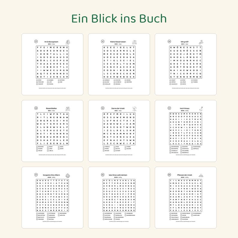 May include: A collection of nine word search puzzles arranged in a grid, each featuring a unique title, a letter square, and a list of words to find. The header text reads Ein Blick ins Buch, and each puzzle includes small black and white illustrations.