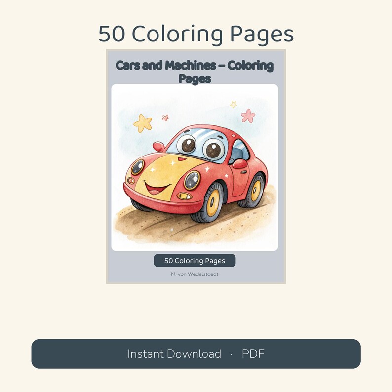Pu&ograve; includere: Una raccolta digitale di 50 pagine da colorare intitolata Cars and Machines &ndash; Coloring Pages. La copertina presenta un'auto dei cartoni animati rossa e gialla con grandi occhi e un volto sorridente su uno sfondo azzurro.
