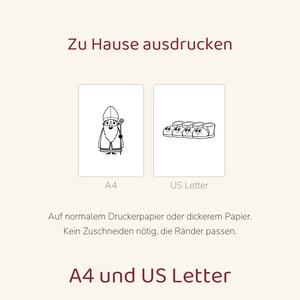 May include: A digital print file featuring the text Zu Hause ausdrucken, A4, US Letter, and Auf normalem Druckerpapier oder dickerem Papier. Kein Zuschneiden n&ouml;tig, die R&auml;nder passen. Includes line art of a bishop and a group of shoes.
