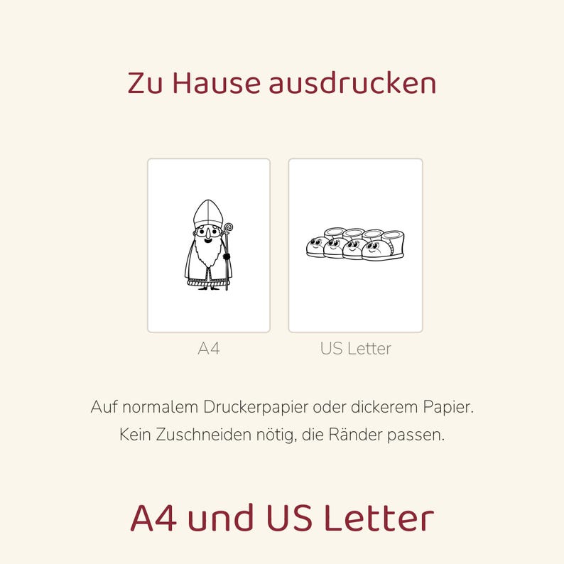May include: A digital print file featuring the text Zu Hause ausdrucken, A4, US Letter, and Auf normalem Druckerpapier oder dickerem Papier. Kein Zuschneiden n&ouml;tig, die R&auml;nder passen. Includes line art of a bishop and a group of shoes.